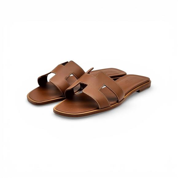 Hermes Oran Women's Leather Slide H Sandals Brown EU 40.5 US 10 - NWOB $840 - Picture 2 of 8